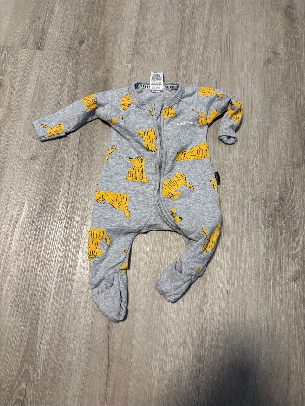Bonds Gray Footed One-Piece with Yellow Dog Print